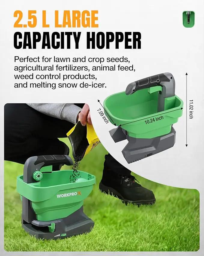 WORKPROX Battery Powered Fertilizer Spreader, 7.2V Seed Spreader for Salt, De-Icer, Earth Food, Rechargeable Grass Seed Spreader with 8-Level Settings and Holds up to 6458 sq.ft. of Product by GreenHaven Gardens