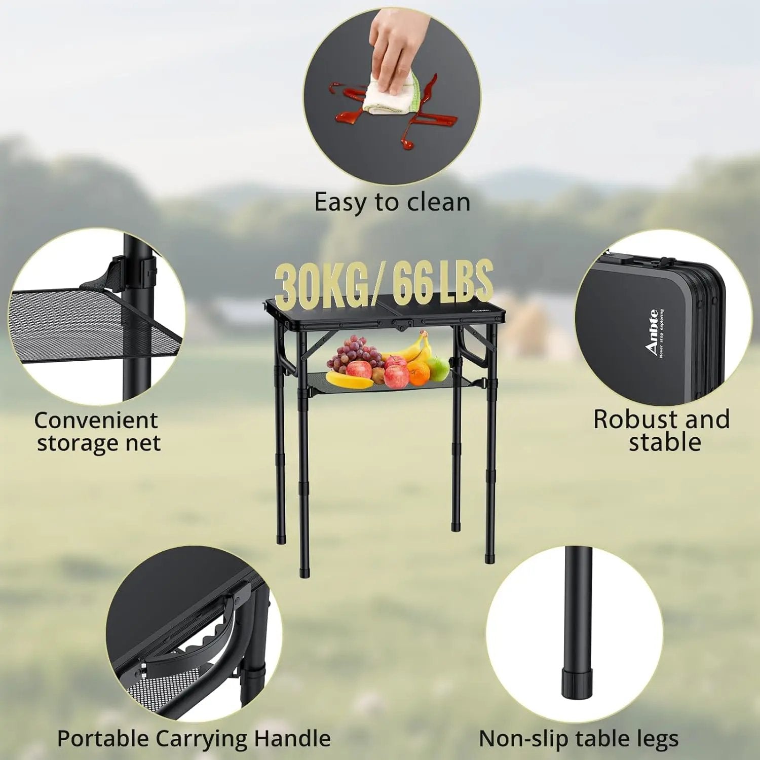Folding Camping Table with Storage Net, Pure Black Aluminum 2ft Picnic Table 23.2" x 16" Outdoor Table Adjustable Height Max 27.5", Lightweight, Waterproof, Portable Handle for Travel Cooking by GreenHaven Gardens