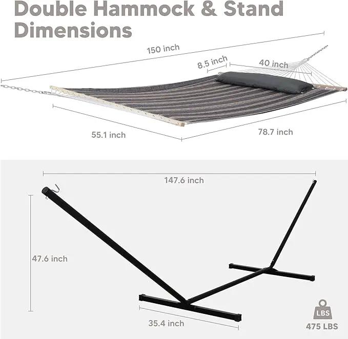 SUNCREAT Hammock with Stand 2 Person Heavy Duty, Freestanding Hammock with Spreader Bar, Soft Pillow, Gray Stripes by GreenHaven Gardens