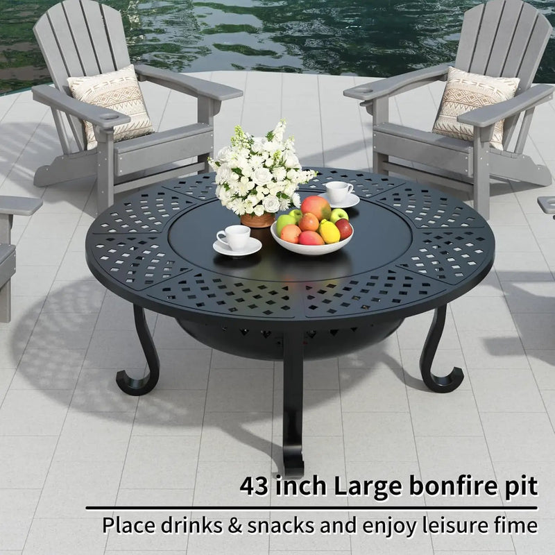 43 Inch Fire Pit with 2 Grill for Outside, Outdoor Wood Burning Firepit with Lid, Metal Round Table for Backyard Patio Garden Picnic Camping Bonfire, Black by GreenHaven Gardens