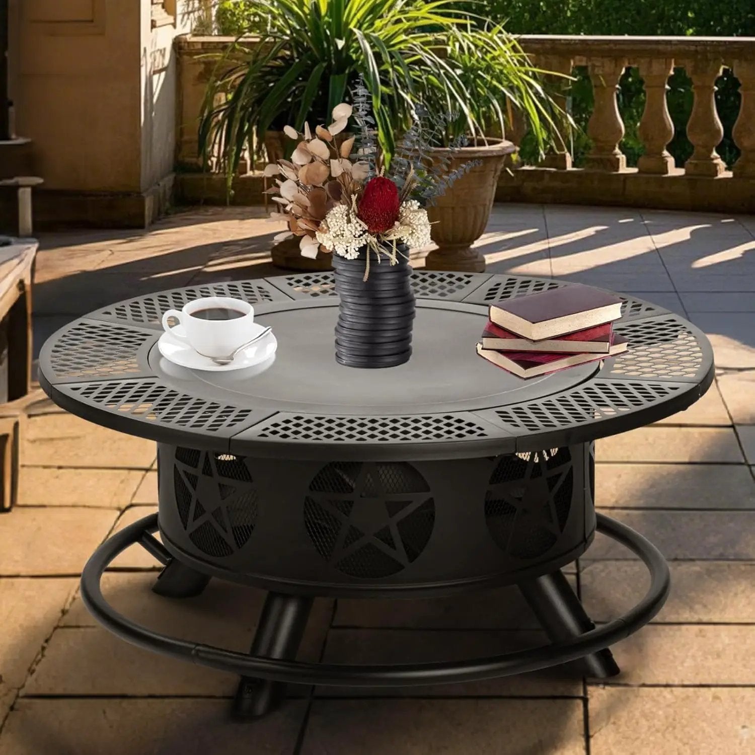 42 Inch Fire Pit with 2 Grills, Extra Large Wood Burning Fire Pits for Outside with Lid & Poker, Heavy Duty Firepit,BBQ& Outdoor Fire Pit & Round Metal Table 3 in 1 for Patio, Picnic, Party by GreenHaven Gardens