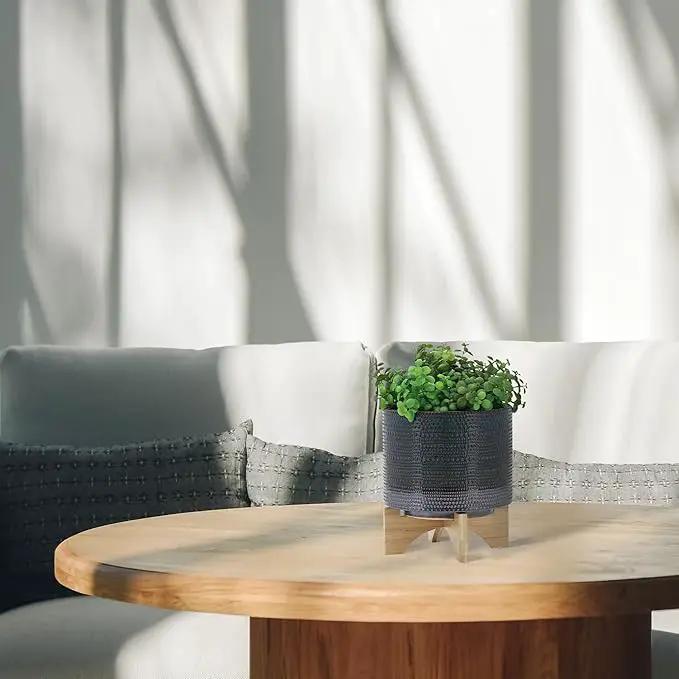 Sagebook Home 8" Ceramic Planter on Bamboo Wood Stand - Green Plant Stand with Contemporary Dotted Design - Indoor or Outdoor Plants and Succulents by GreenHaven Gardens
