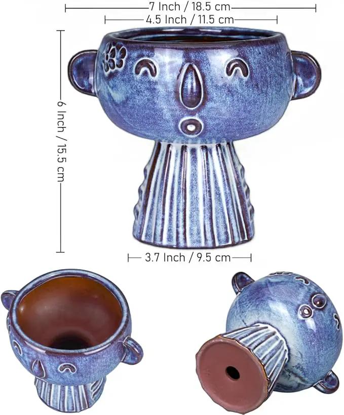 Planter, Ceramic Cute Face Flower Pot Head, Indoor Outdoor, Drainage Hole, 7x5x6 inches, Light Blue by GreenHaven Gardens