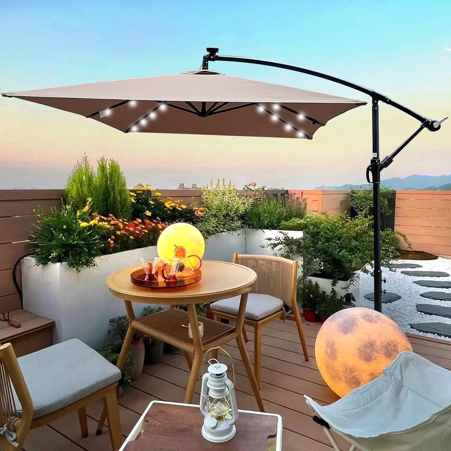 10x6.5FT Patio Umbrella, Outdoor Offset Umbrella with Cross Base and Crank, Rectangular Cantilever Umbrella with Solar Lights, Hanging Market Umbrella with 6 Rids for Pool, Deck, Backyard (Mushroom) by GreenHaven Gardens