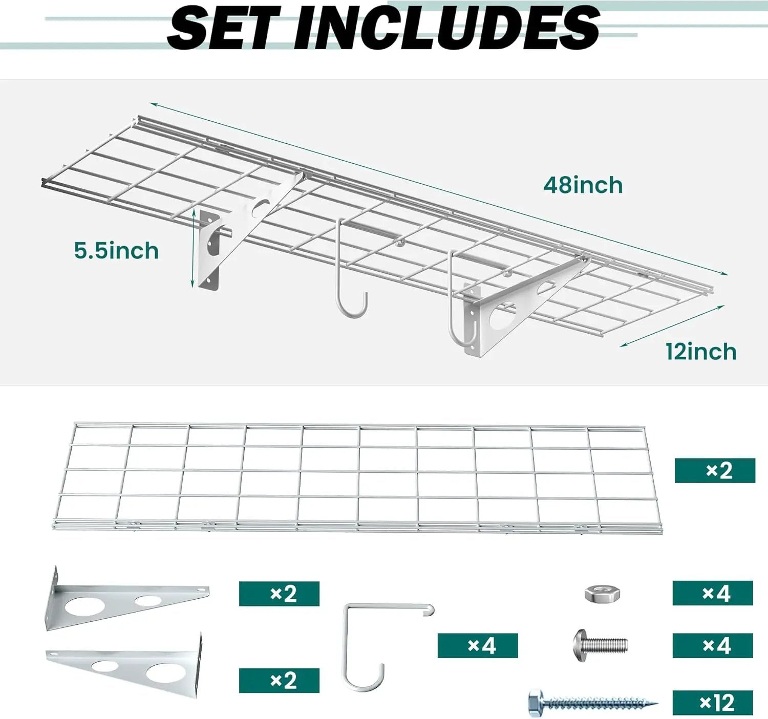 EVERHANGER Garage Wall Shelves, 12 X 48 Inch Wall Mounted Storage Shelves, Heavy Duty Metal Shelving with Hooks, 2 Pack, White by GreenHaven Gardens