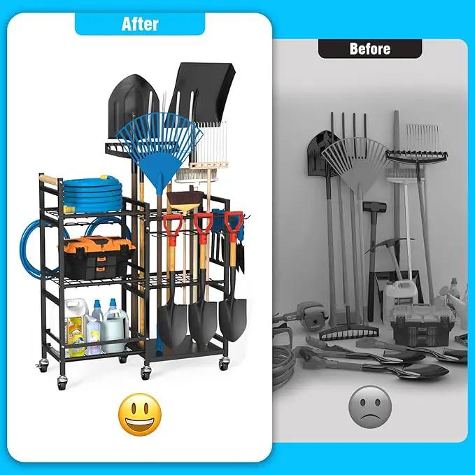 NADAMOO Garden Tool Organizer with Rolling Wheel, 3-tier Metal Shelf Yard Tool Holder, Utility Stand Rack for Garage Organization and Storage, Hold Long-Handled Rakes, Shovel, Broom by GreenHaven Gardens
