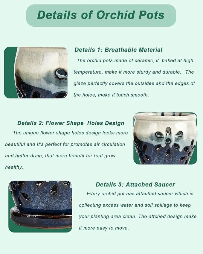 vensovo 4 Inch Ceramic Orchid Pots with Holes and Saucers - 2 Pcs Small Succulent Pot for Repotting, Garden Flowerpots for Plants Indoor and Outdoor Promotes Air Circulation (Blue, Brown Mixed) by GreenHaven Gardens