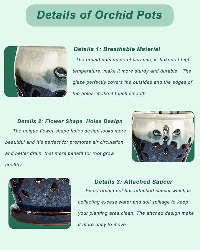 Vensovo 4 Inch Ceramic Orchid Pots with Holes and Saucers - 2 Pcs Small Succulent Pot for Repotting, Garden Flowerpots for Plants Indoor and Outdoor Promotes Air Circulation (Olive Green, Green Mixed) by GreenHaven Gardens
