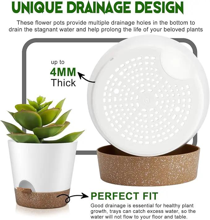 Indoor Outdoor Plant Pots- Self Watering Planters with Drainage Holes and Saucers, 9,8, 7.5 Inches, 3 Pots (Snow) by GreenHaven Gardens