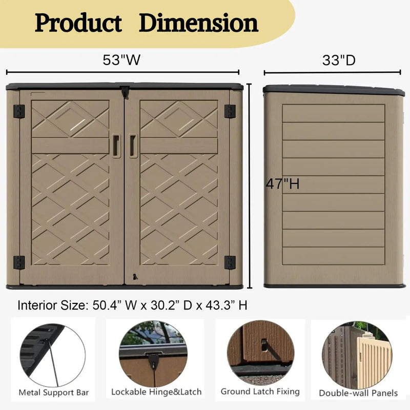 ZZM Large Outdoor Storage Shed, 48 Cu Ft Resin Versatile Storage Cabinet for Patio Accessories, Trash Cans & Garden Tools, Durable Horizontal Storage Box with Lockable Lid (Coffee) by GreenHaven Gardens