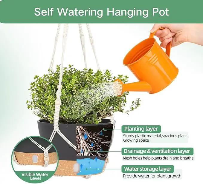 QCQHDU 2 Pack Hanging Planters for Indoor Plants, Outdoor Hanging Baskets, Self Watering Pots with Drainage Holes & Removable Tray (Dark Grey, 10 inch, Macrame Hanger) by GreenHaven Gardens