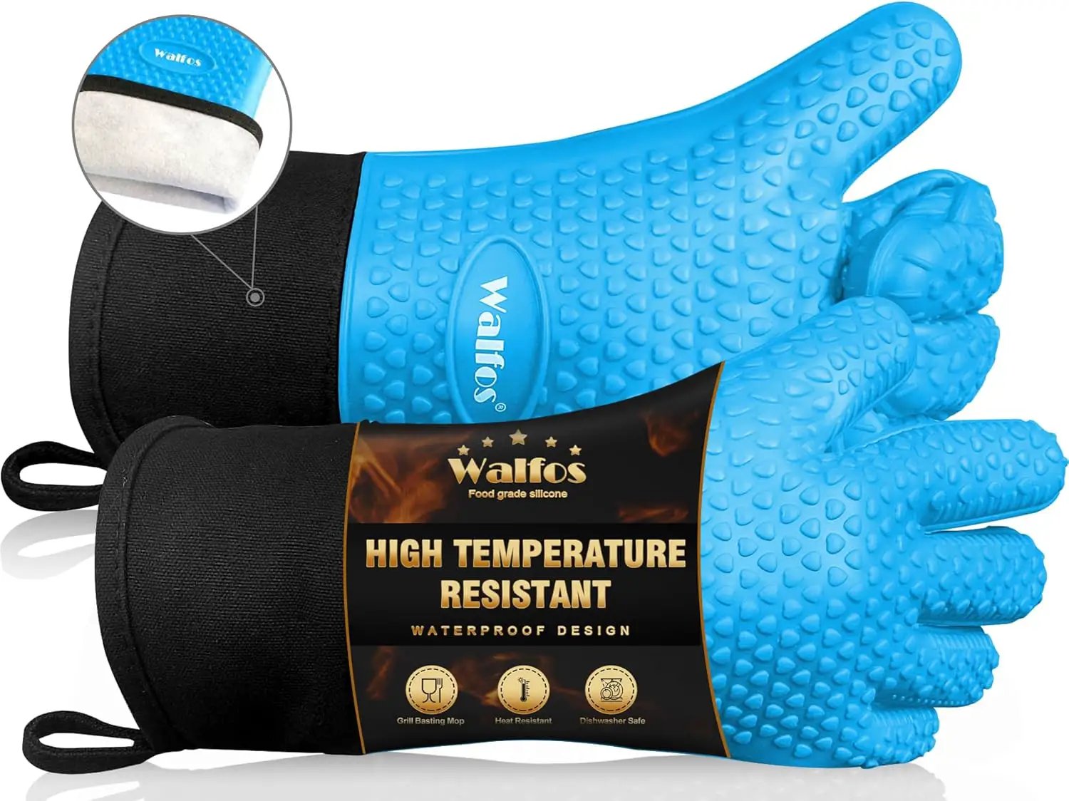 Walfos Silicone BBQ Gloves - Heat Resistant Grilling Gloves, Premium Non-Slip Kitchen Silicone Oven Mitt with Protective Cotton Layer Inside, Waterproof, Great for Grilling, Kitchen and Cooking, Blue by GreenHaven Gardens