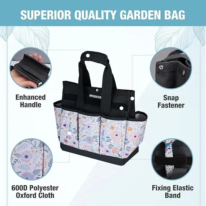 WORKPRO Garden Tool Bag, 9 Pockets Gardening Bag, Heavy Duty Oxford Garden Tote Caddy (Tools NOT Included), 12" x 12" x 6" (Floral White) by GreenHaven Gardens