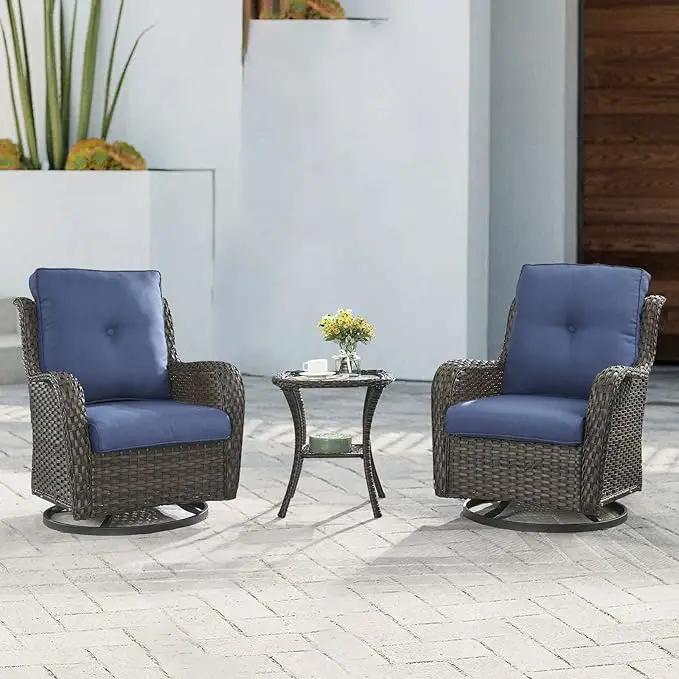 Outdoor Patio Swivel Rocker Chairs - 3 Piece Patio Bistro Set,Wicker Patio Furniture Set with 2 Swivel Rocking Chairs and 1 Glass Top Side Table for Deck Porch Garden,Brown/Blue by GreenHaven Gardens
