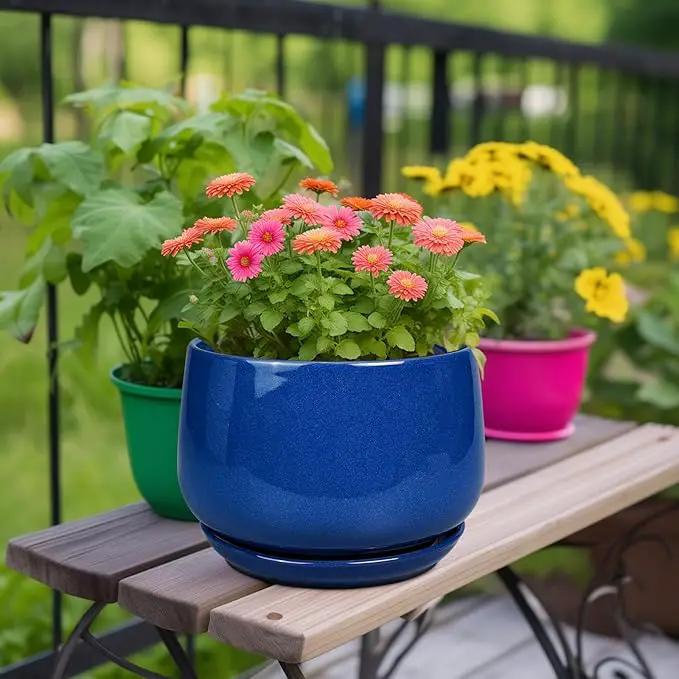 G EPGardening Ceramic Pots for Plants, 9 Inch Modern Round Planter with Drainage and Tray Indoor Outdoor for Flower, Patio Decor, Housewarming Gifts, Blue by GreenHaven Gardens