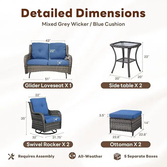 Outdoor Patio Furniture Set - 7 Piece Gray Wicker Conversation Patio Furniture Set All Weather Swivel Chairs with Ottoman and Loveseat Glider Chair for Deck Balcony Backyard by GreenHaven Gardens