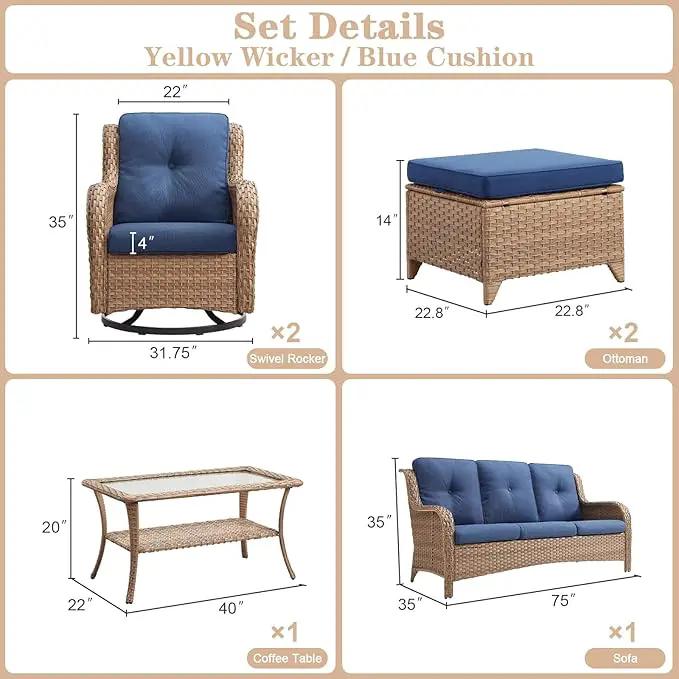Wicker Outdoor Furniture Patio Furniture Set - 6 Piece Patio Conversation Set with Swivel Rocker Chairs, Rattan Sofa, Ottomans and Coffee Table, Blue Cushion by GreenHaven Gardens