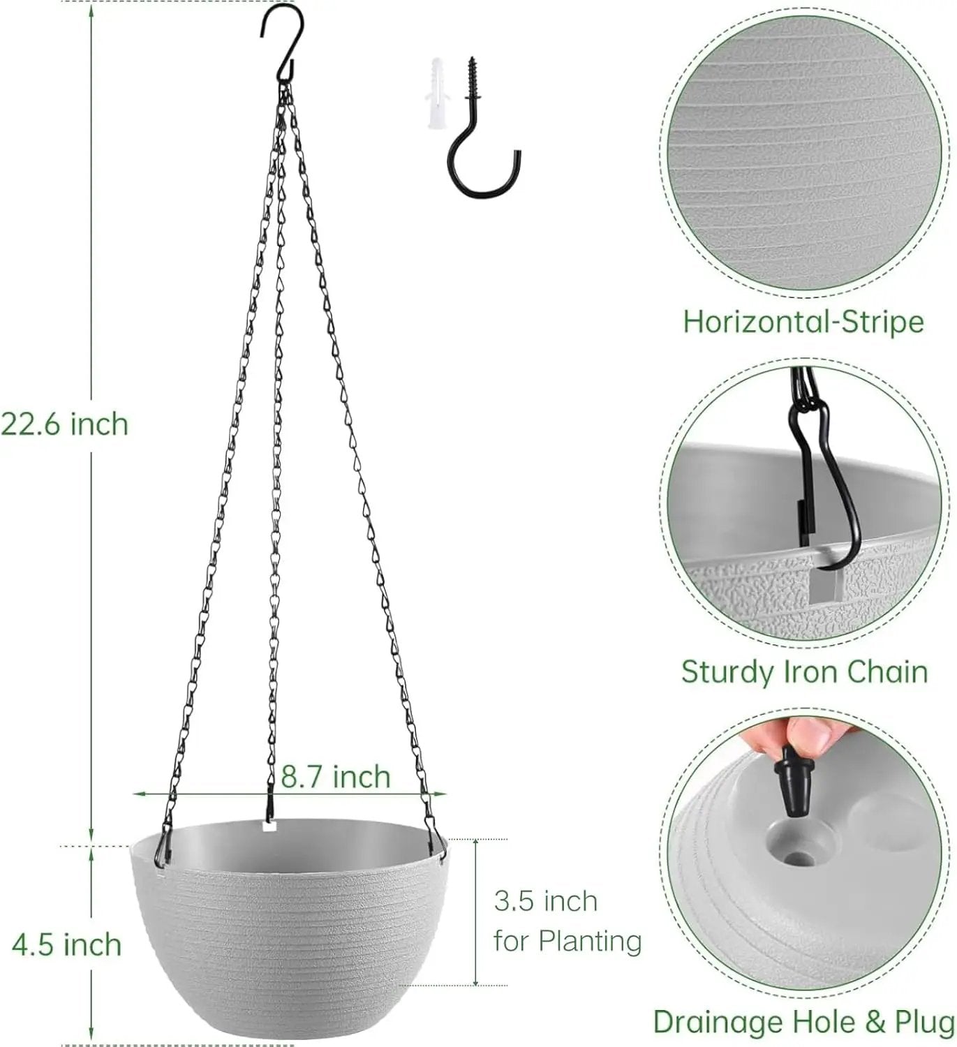 Hanging Planters for Indoor Outdoor Plants, Set of 2 Self Watering Hanging Pots with Drainage Hole & Plug and 20" Chain & Hooks by GreenHaven Gardens