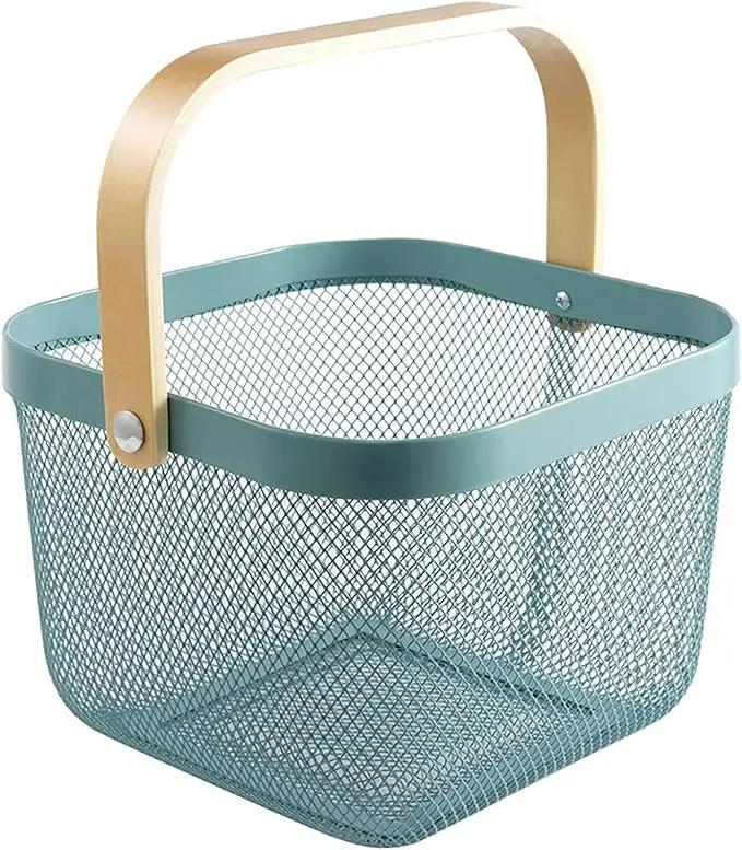 Metal Mesh Steel Basket, Storage Organizer Basket Multi-functional Hanging Kitchen Baskets Fruit Basket Bin with Bamboo Handle for Kitchen Bathroom Picnic Shopping Decor Cabinet Home, Blue by GreenHaven Gardens