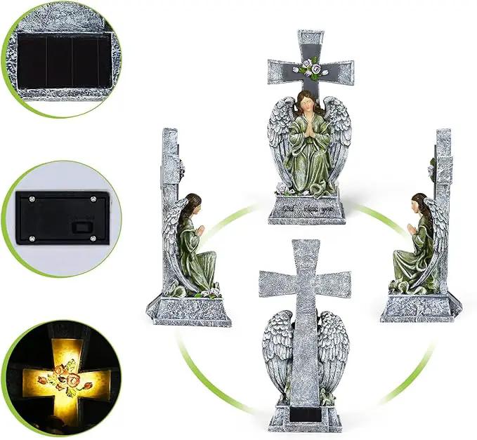 Yiosax-Solar Angels for Cemetery-Garden Statue Lights Decor - Before The Cross on One Knee Wings Praying Angel Figurine Bless You Cemetery Patio Lawn Yard Porch Decorations by GreenHaven Gardens