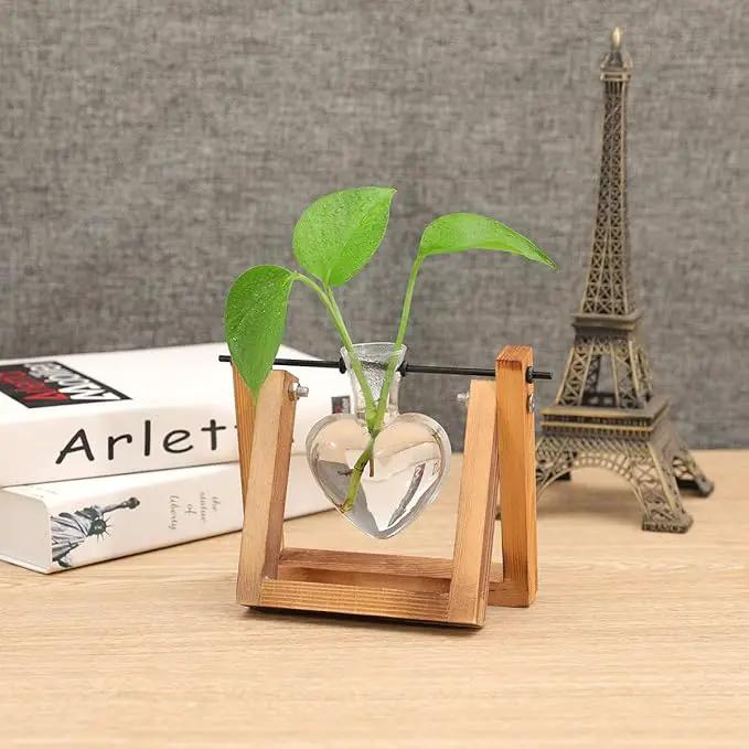 Kingbuy Terrarium with Wooden Stand, Desktop Propagation Station, Air Plant Holder, Metal Swivel Holder for Hydroponics, Home Garden, Wedding Decor - 1 Hearted Vase by GreenHaven Gardens