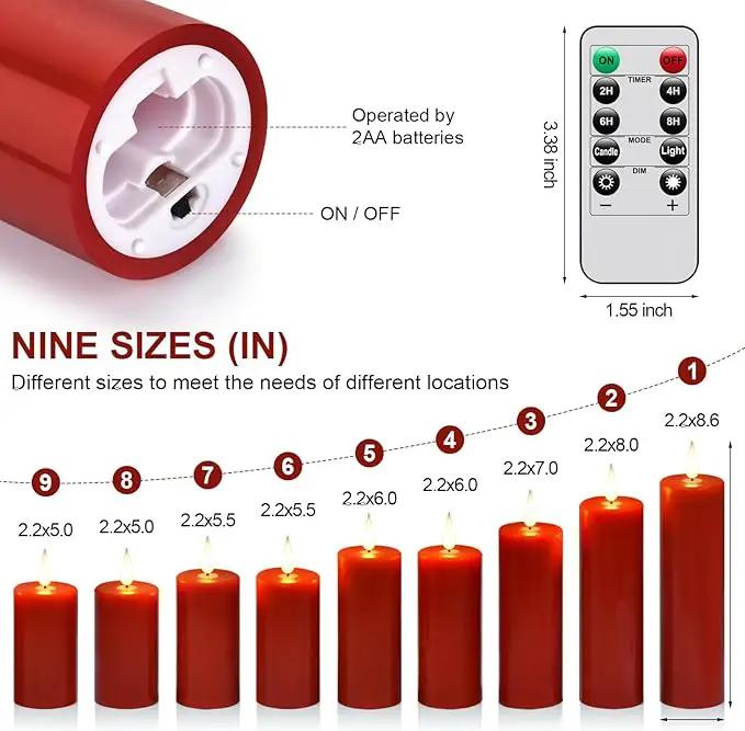 Flameless Flickering Battery Operated Candles 9PACK Real Wax Pillar LED Candles with 10-Key Remote Control and 24 Hours Timer for Wedding, Party, Home Decoration (Red) by GreenHaven Gardens