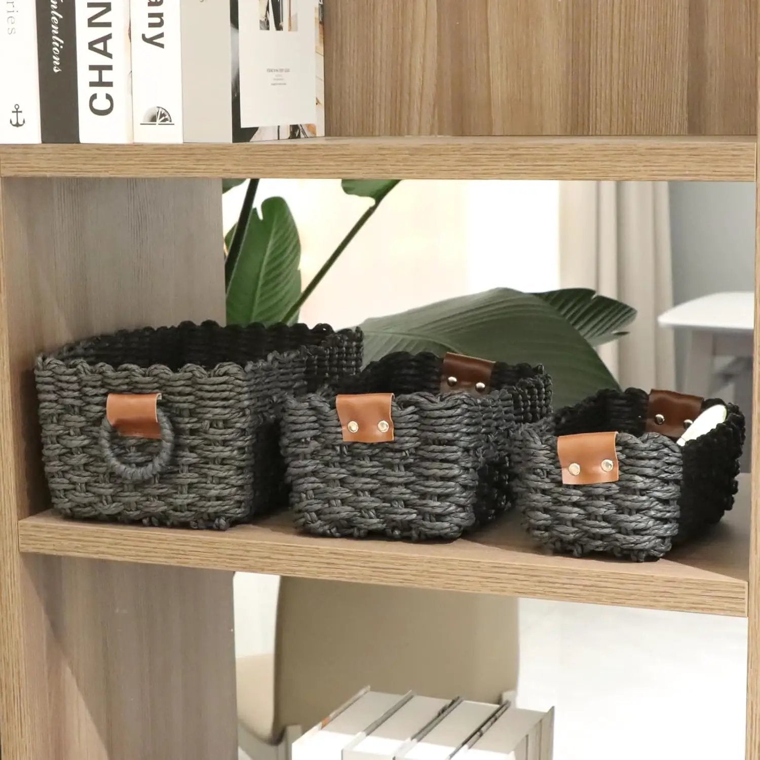 Paper rope Small Storage baskets for Organizing,Cute woven Little basket for Home，Shelves, Bathroom,Decorative basket,Set of 3 (Black) by GreenHaven Gardens
