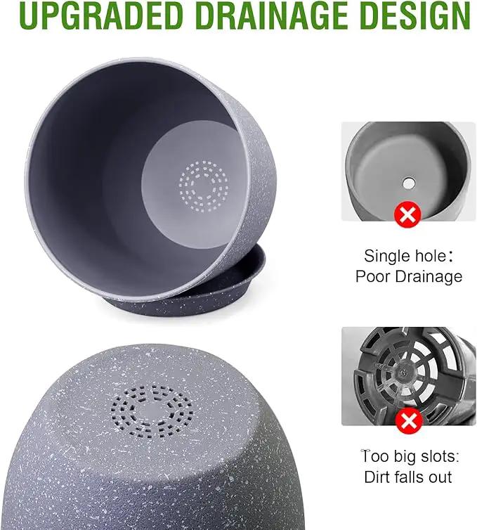 Flower Pots 9/8/7.5inch, Set of 3 Modern Decorative Plastic Planters with Drainage Holes and Saucers for Garden House Plants, Plant Pots for Indoor Outdoor Plants, Speckled Grey by GreenHaven Gardens
