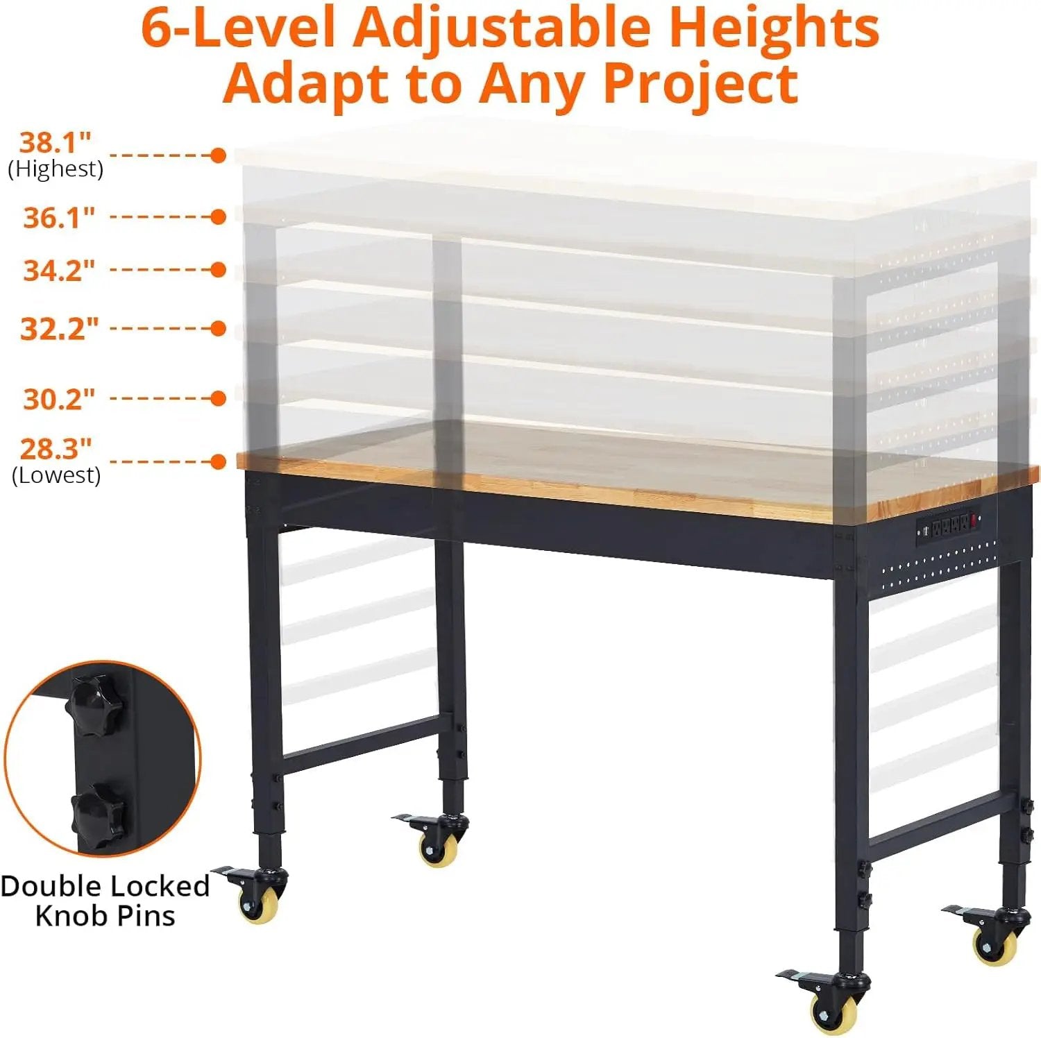 60'' Adjustable Workbench, Heavy Duty Workbench with Power Outlet and Lockable Wheels, 2000 LBS Capacity, Work Table Suitable for Office, Garage, Workshop by GreenHaven Gardens