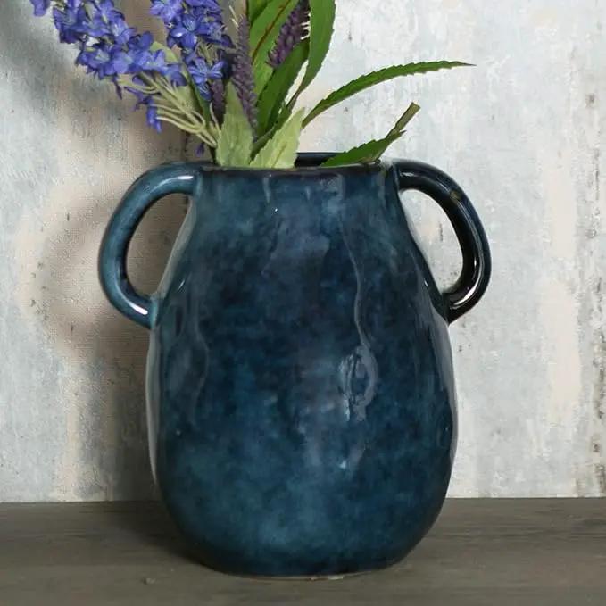 Blue Ceramic Vase with 2 Handles, Modern Farmhouse Decor, Rustic Terracotta Pottery, Decorative Flower Vases, Clay Small Vase, Centerpiece for Dining Table - 7 Inch Tall by GreenHaven Gardens