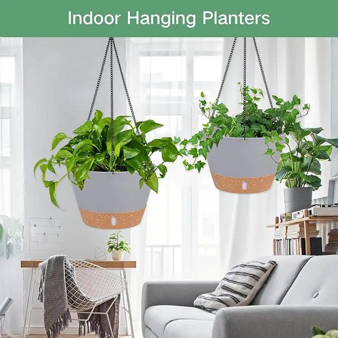 QCQHDU 2 Pack 8 inch Hanging Planters for Indoor Plants, Outdoor Hanging Baskets, Self Watering Pots with Drainage Holes & Removable Tray (Light Grey, 8 inch) by GreenHaven Gardens