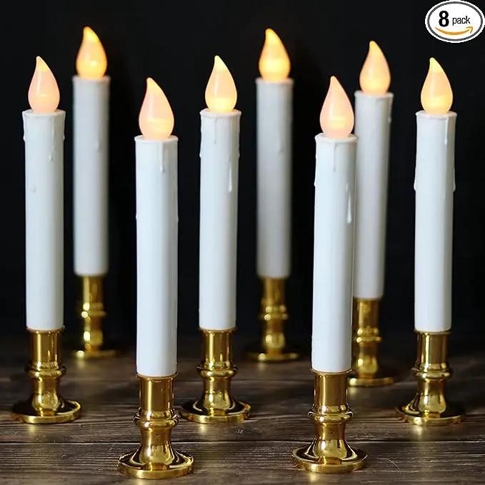 DRomance 9" Flameless Window Taper Candles Battery Operated with 8-Key Remote and Timer, 8 Pack White Christmas Holdiay Window Candles with Gold Holders, Suction Cups and AA Batteries Included by GreenHaven Gardens