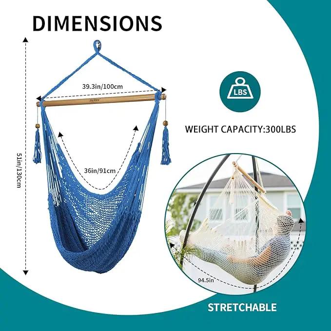 JoyView Hammock Chair with Spreader Bar Caribbean Hammock Swing Chair 300 LBS Weight Capacity XL Rope Hanging Chair for Outdoor Indoor Garden Yard - Light Blue by GreenHaven Gardens
