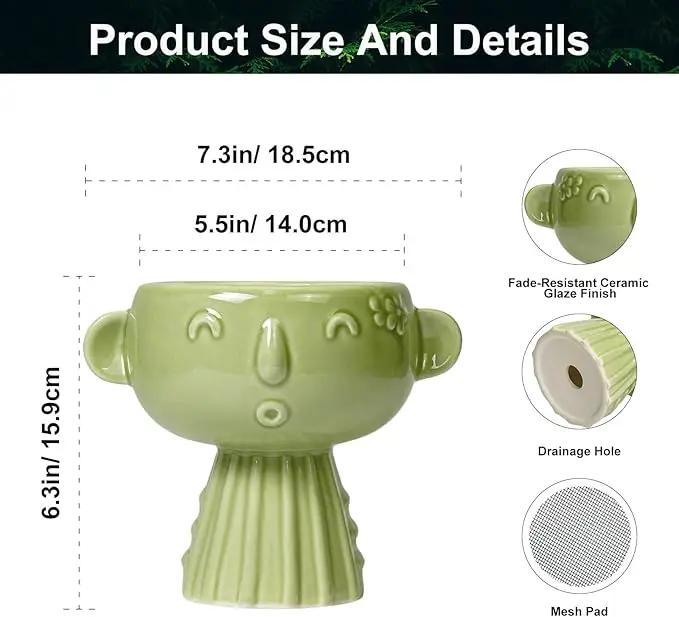 Face Planter Pot - 7 Inch Ceramic Head Planter for Indoor Plants Outdoor, Cute Succulent Flower Pots with Drainage Hole, Room Home Garden Decor, Gardening Gifts, Green by GreenHaven Gardens