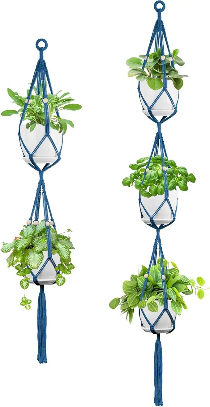 USLAI Macrame Plant Hanger Indoor Outdoor, Up to 4-15 inch Pot, Heavy 20lb Planters, Extra Long Strong Hanging Planter Basket Holder, Boho Home Decor, 49+72 Inch, Blue (POTS NOT Included) by GreenHaven Gardens