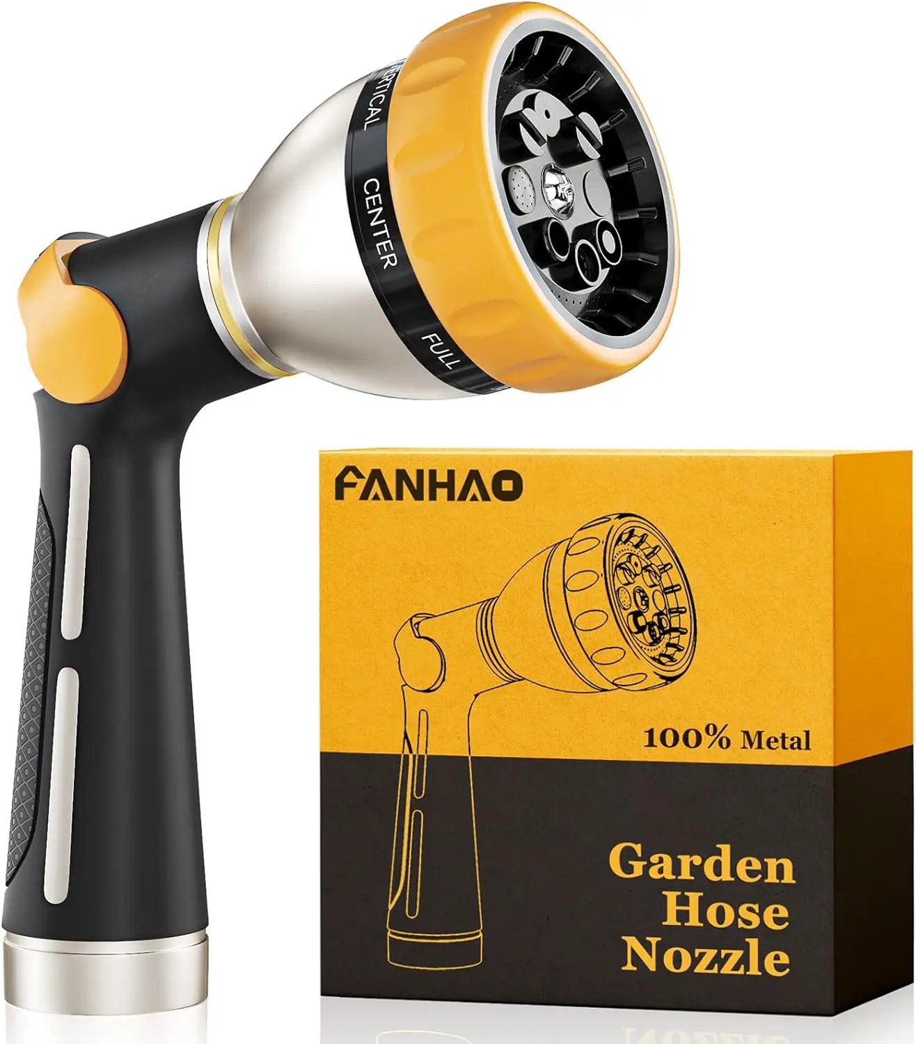 FANHAO Garden Hose Nozzle, 100% Heavy Duty Metal Spray Nozzle with Thumb Control, High Pressure Water Nozzle with 8 Adjustable Spray Patterns for Watering Plants, Washing Cars and Showering Pets by GreenHaven Gardens