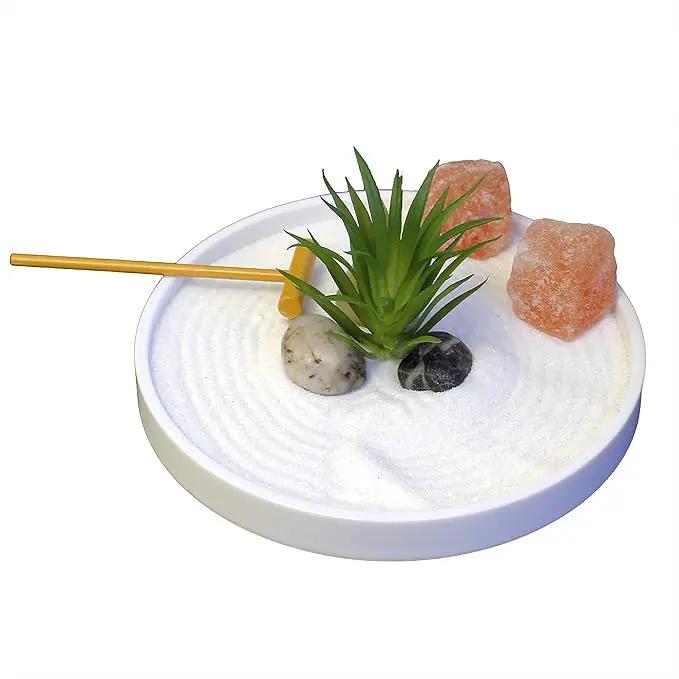 Nature's Mark Mini Zen Garden Kit for Desk with White Sand, Rake, White Base, Salt Rock and Air Plant (Round) by GreenHaven Gardens
