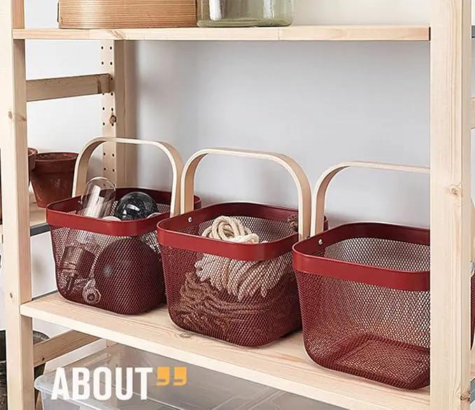 Metal Mesh Steel Basket, Storage Organizer Basket Multi-functional Hanging Kitchen Baskets Fruit Basket Bin with Bamboo Handle for Kitchen Bathroom Picnic Shopping Decor Cabinet Home, Red by GreenHaven Gardens