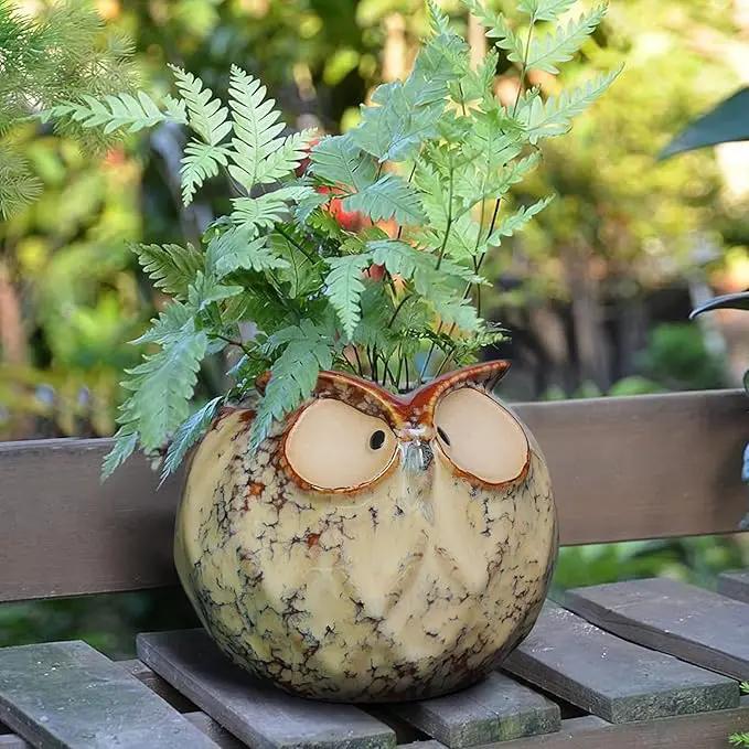 GeLive Owl Planter Ceramic Succulent Plant Pot Fun Animal Flower Container Decoration Tabletop Decor Windowsill Box with Drainage Hole (Round Owl Planter) by GreenHaven Gardens