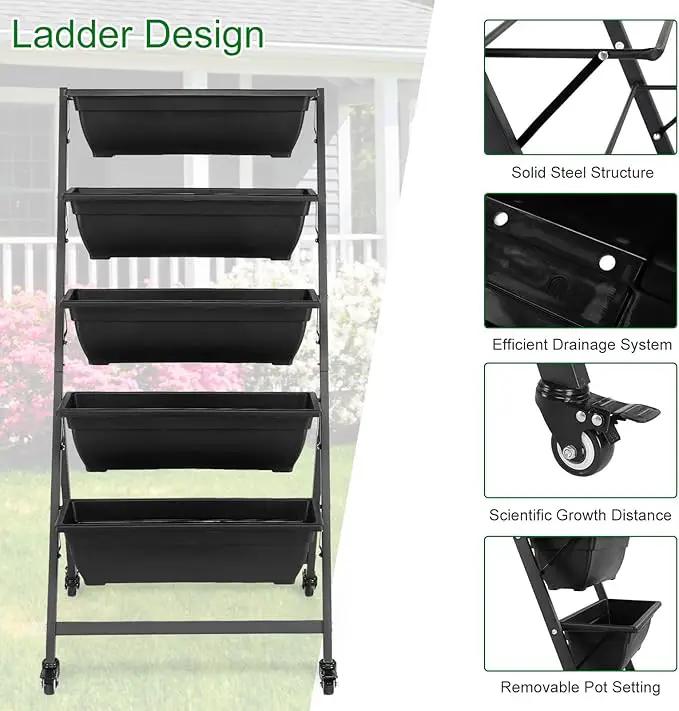 Outvita 4.4 FT Vertical Garden Bed, 5 Tier Vertical Raised Planter, Removable Black Raised Bed Box with 4 Wheels, Movable Elevated Vegetable Flower Planter for Patio Yard Indoor Outdoor by GreenHaven Gardens