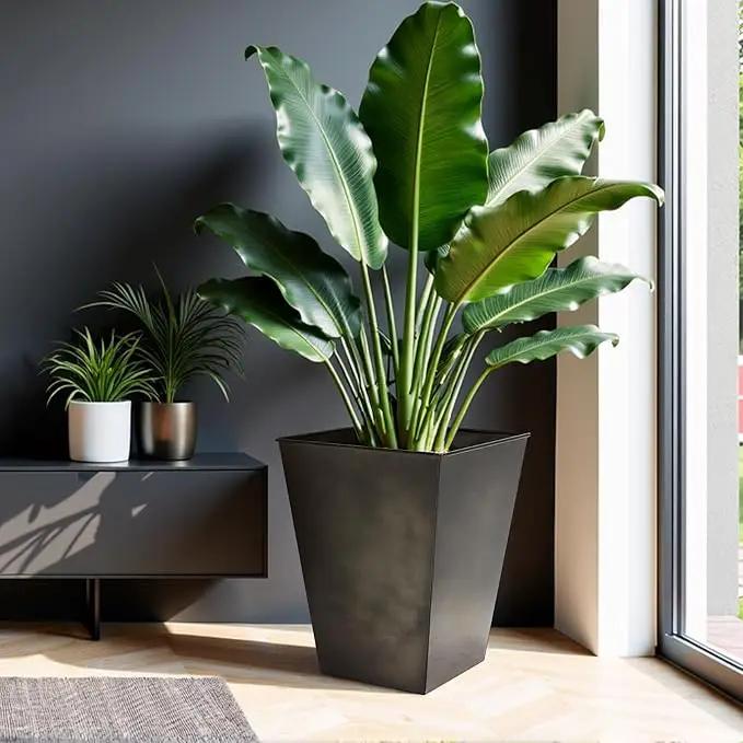 Worth Garden Large Metal Glazed Floor Planter Set of 2-14" Dia x 18" H - Luxurious Glossy Finish Black Tall Square Tapered Steel Plant Pots, Decor Flower Pot Indoor & Outdoor, Drainage Hole by GreenHaven Gardens