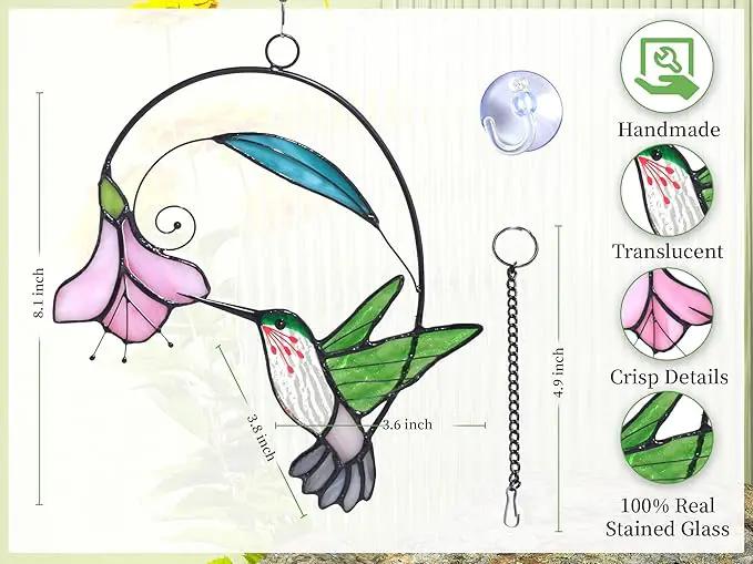Lolitarcrafts Stained Glass Hummingbird Window Hangings with Flowers, Bird Stained Glass Suncatcher for Window Decor Hummingbird Gifts for Mom,Bird Lovers (Green with Flower A) by GreenHaven Gardens