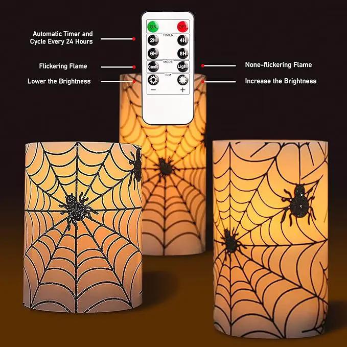 Spider Web Decor Flameless Candles Battery Operated with Remote Timer Haunted House Spooky Decorations Set of 3 Real Wax Black LED Flickering Candles Decorative for Halloween Decor Party by GreenHaven Gardens