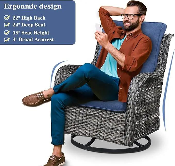 5 Piece Outdoor Patio Furniture Set - Wicker Furniture Patio Conversation Set, Outdoor Swivel Rocker Chairs with Loveseat Sofa and 2 Ottomans for Small Space, Blue Cushion by GreenHaven Gardens