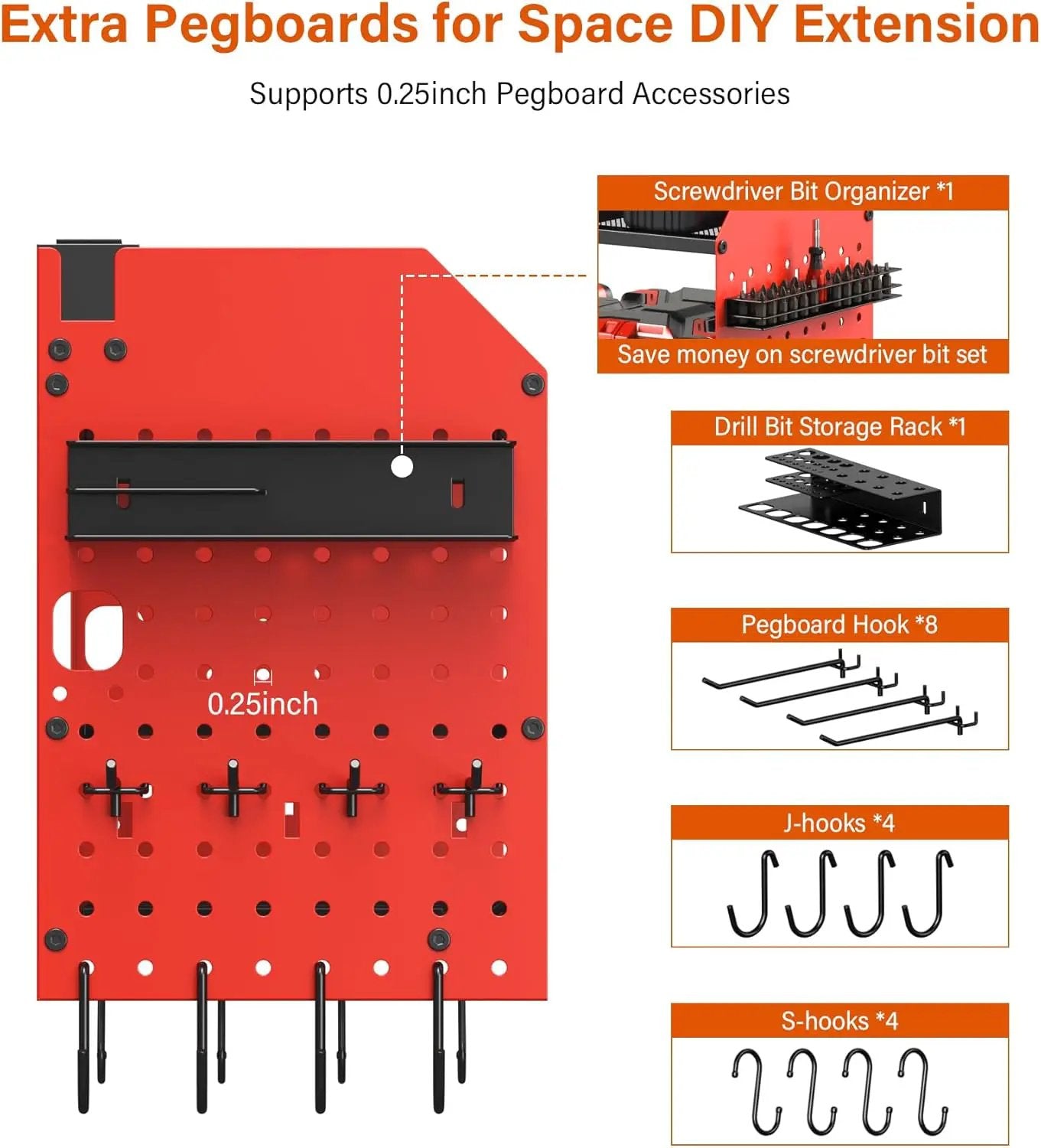 JUNNUJ Large Pegboard Power Tool Organizer with Charging Station, 8 Drills Driver and Tools Battery Holder Wall Mount with 8 Outlet Power Strip, Red 3-Layer Shop Garage Storage Utility Rack by GreenHaven Gardens
