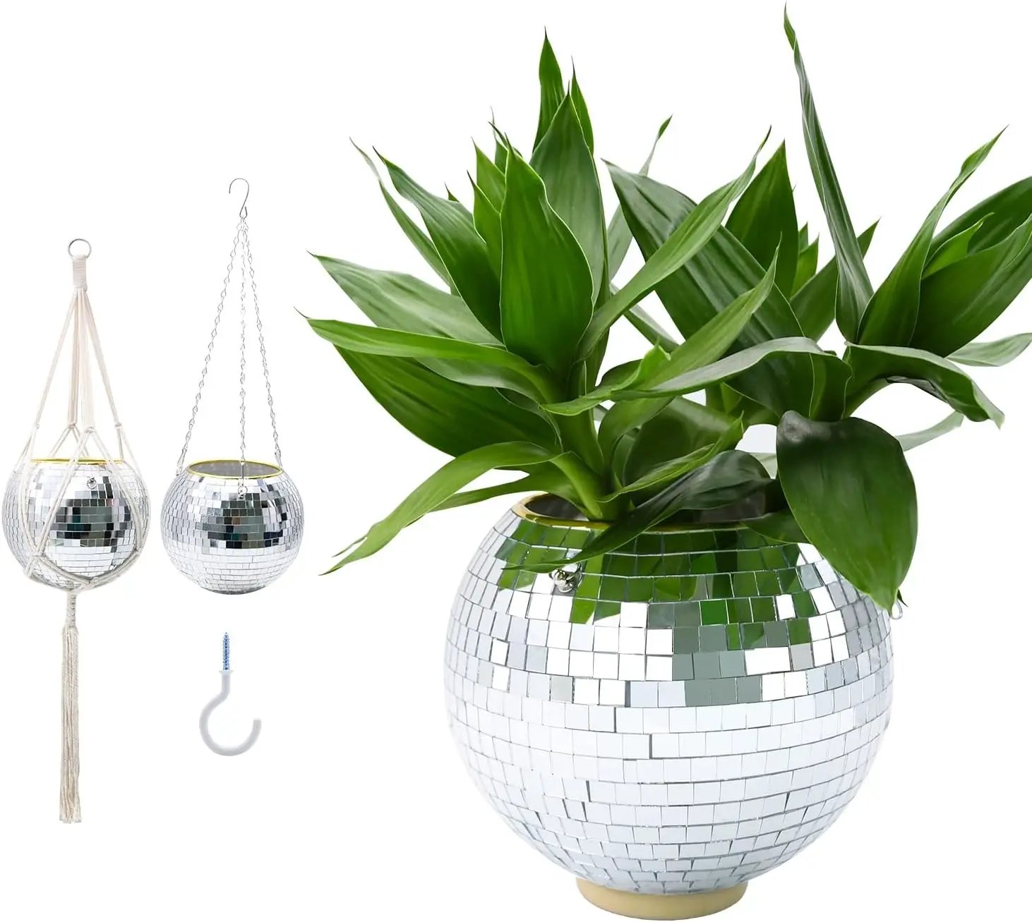 8" Silver Disco Ball Planter with Hanging Rope, Hanging Chain, Hook, Circle | for Decoration by GreenHaven Gardens