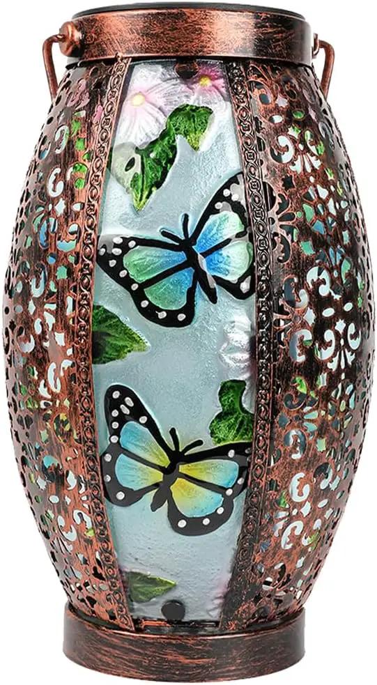 Butterfly Solar Lanterns Glass & Metal Hanging Lantern Outdoor Waterproof 16" H Tabletop Light with Hollowed-Out Design for Garden Patio Table Decor Mother's Day Gift by GreenHaven Gardens