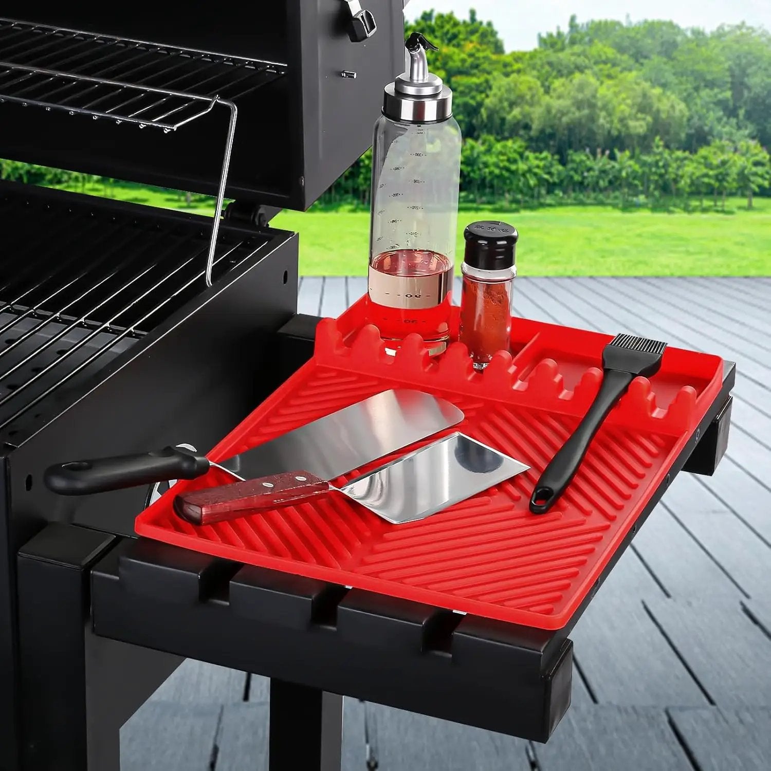 Griddle Mat Barbeque Grill Accessories Tools for Blackstone, Side Shelf Mat Grill Pad for Outdoor Grill Kitchen Counter Spatula Silicone Mat with Drip Pad for Kitchen, Cooking, Countertop (Red) by GreenHaven Gardens