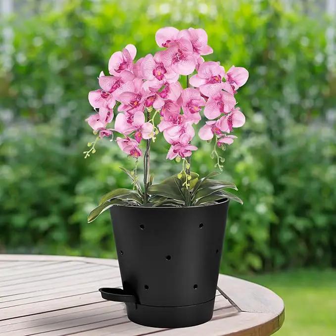 Orchid Pots with Holes, 6 Inch Self Watering Orchid Pot 2 Pack Plastic Plant Pots for Orchid, Flower (Black) by GreenHaven Gardens