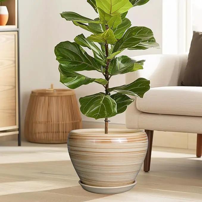 Ceramic Pot for Plant 10 Inch - Planter for Outdoor Plants Indoor Plant Pot with Drainage Hole Large Planter Round Flower Pot for House Patio Garden Yellow by GreenHaven Gardens